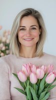 Smiling blonde woman in beige sweater holding pink tulips bouquet against light background, natural makeup, fresh spring mood for beauty and lifestyle content.