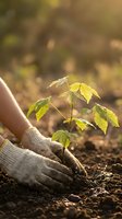 Hands in gardening gloves protecting young green plant seedling in rich soil with warm sunlight creating natural bokeh background for environmental care.