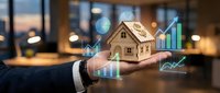 Businessman hand holding wooden house model with rising financial charts and graphs showing real estate market growth and property investment success.