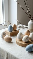 Minimalist Easter eggs in soft blue and natural wood tones arranged on linen table with pussy willow branches creating serene spring holiday decoration.