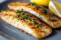 Grilled salmon fillets seasoned with herbs and spices on gray plate with fresh lemon garnish, close-up view showing moist, flaky texture and golden-brown crust.