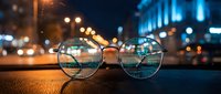 Eyeglasses on urban street at night with bokeh lights creating clear vision concept for optical care and corrective lenses in city environment.