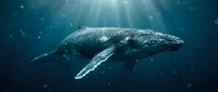 Majestic humpback whale swimming gracefully through deep blue ocean waters with sunbeams filtering down from surface creating magical underwater scene.
