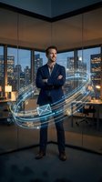 Confident male professional in dark blazer stands in modern high-rise office with arms crossed, surrounded by glowing digital communication icons and cityscape backdrop at dusk for business and technology concepts.