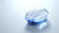 Transparent blue glass pebble or gem with soft curves and reflective surface on light background, creating elegant minimalist composition with gentle shadows.