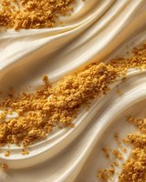 Creamy vanilla yogurt swirls with crunchy golden cookie crumbles, creating a luxurious dessert texture for food photography and culinary designs.