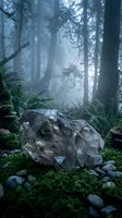 Large transparent crystal formation resting on mossy forest floor surrounded by ferns and stones in misty woodland atmosphere for meditation and healing concepts.