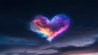 Magical heart-shaped aurora borealis in night sky with vibrant pink, purple and blue colors illuminating dark clouds in dramatic celestial display.