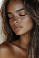 Young mixed race woman with freckles and natural makeup in soft lighting, eyes closed, showing peaceful expression. Close up portrait captures glowing skin and serene beauty.
