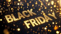 Glowing golden text Black Friday on dark background with sparkling bokeh lights and glitter effect for seasonal sale announcements and promotions.