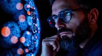 Bearded male professional in glasses analyzing glowing digital data visualization display with circular patterns in dark environment, side view portrait.