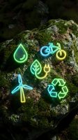 Neon glowing eco-friendly icons including water drop, bicycle, leaf, electric plug, wind turbine and recycling symbol arranged on moss-covered rock for sustainable energy and environmental awareness concepts.