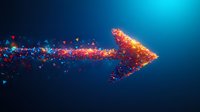 Glowing arrow formed by luminous particles dispersing into red and blue fragments against dark background, symbolizing digital transformation and direction.