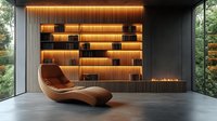 Modern reading nook with curved leather chaise lounge, illuminated wooden bookshelf wall, linear fireplace and floor-to-ceiling windows overlooking nature.