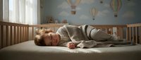 Peaceful newborn baby sleeping in wooden crib with hot air balloon wallpaper in cozy nursery room with natural sunlight streaming through window.