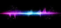 Colorful sound wave visualization with pink and blue gradient on black background, glowing audio spectrum with sparkles and light effects for music background.