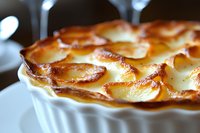 Golden-brown scalloped potatoes layered in cream sauce, baked in white ceramic dish with crispy caramelized top, close-up view showing texture and bubbling edges.