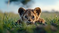 Young lion cub with bright eyes peeking through green grass during golden hour, shallow depth of field creates dreamy atmosphere for wildlife photography and nature content.