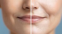 Close-up comparison of female lips and skin texture showing cosmetic treatment results with before and after split screen effect on blue background.