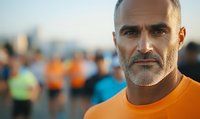 Confident mature athletic man with gray beard wearing orange sportswear at outdoor running event, crowd of runners in background during sunrise or sunset.