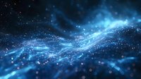 Abstract blue cosmic wave with glowing particles flowing through dark space, creating a magical digital landscape for technology and science backgrounds.