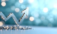 Glittering silver arrow graph rising upward on turquoise bokeh background with sparkles and glitter, representing business growth and financial success.