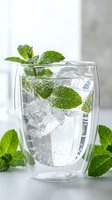 Refreshing sparkling water with fresh mint leaves and ice cubes in double-wall glass cup on white background for healthy beverage and summer drink concepts.