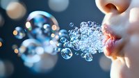 Macro shot of lips blowing soap bubbles against dark background with bokeh lights, creating magical atmosphere of floating transparent spheres.
