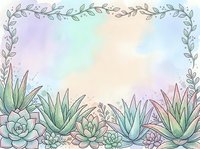 Watercolor succulent frame with pastel rainbow background, hand-drawn botanical border with aloe and rosette plants, copy space for text.