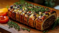 Glazed meatloaf with fresh herbs on wooden cutting board, homemade comfort food dinner with golden crust and savory seasoning for family meal recipes.