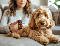 Woman holding CBD oil bottle with golden doodle dog on couch for pet wellness and natural health care treatment at home.