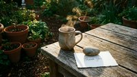Rustic ceramic mug with steam on a wooden table beside a thank you note and stone, surrounded by lush garden pots in soft natural light.