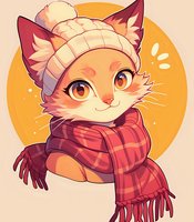 Cute cartoon cat wearing winter knit beanie and red plaid scarf against orange circle background, drawn in kawaii anime style with warm autumn colors.
