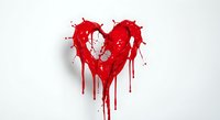 Red paint splashing and dripping in heart shape on white background, artistic liquid explosion with dynamic droplets for love and romance designs.