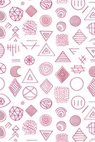 Pink geometric shapes and abstract doodles form seamless pattern on white background. Minimalist line art design includes circles, triangles, diamonds and decorative elements.
