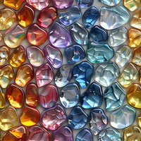 Colorful glass hearts arranged in rows creating rainbow gradient pattern from warm amber to cool blue tones, macro photography showing reflective surfaces and light play.