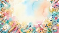 Young female baker with light skin tone arranging colorful baking supplies and cupcakes on cream background, overhead flat lay composition for bakery, cooking, and culinary design projects.