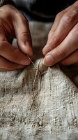 Close-up view of hands sewing natural linen fabric with needle and thread, showing traditional craftsmanship and textile repair techniques in warm tones.