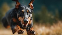 Energetic black and tan dog running outdoors with mouth open and ears up, showing joy and movement in natural outdoor setting for pet and animal content.