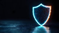 Glowing neon shield symbol on dark reflective surface with blue light effect, representing digital security, protection and cybersecurity concept.