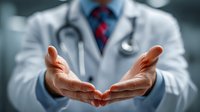 Male doctor in white coat with stethoscope holding protective cupped hands gesture symbolizing healthcare protection and medical care services.