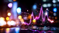 Financial market graph with pink neon glow on blurred bokeh city lights background, showing dynamic stock trading data visualization and analysis.