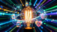Glowing incandescent bulb surrounded by healthcare and technology icons with colorful neon light rays, representing innovation in medical science and digital health solutions.