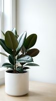 Rubber plant in white ceramic pot on wooden table near window with natural light creating minimalist home decor atmosphere for interior design projects.