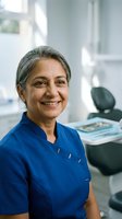 Middle-aged female dentist with gray hair wearing blue scrubs, smiling in modern dental office with chair and equipment visible in background.