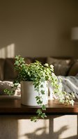 Potted trailing ivy plant in white ceramic container on wooden table with sunlight casting shadows, suitable for home decor and interior design projects.