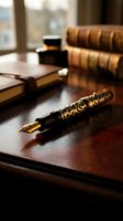 Ornate fountain pen with gold nib resting on mahogany desk beside leather-bound books and documents, ideal for law, literature, education, and professional writing concepts.