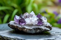 Raw amethyst crystals and clear quartz clusters on dark stone against green natural background, showcasing mineral formation and healing crystal arrangement.