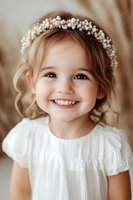 Young girl wearing white dress and pearl floral crown headpiece smiles brightly against soft beige background, capturing pure joy and innocence in portrait.