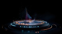 Futuristic glowing spiral with light trails and particles creating dynamic circular motion against dark background, modern technology concept for presentations.